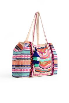 Bohemian Embellished Bag For Vacation, Bohemian Embellished Bags For Vacation, Travel Multicolor Beaded Shoulder Bag, Embellished Travel Bags For Summer, Bohemian Embellished Travel Bags, Embellished Multicolor Shoulder Bag, Multicolor Embellished Tote Shoulder Bag, Embellished Multicolor Tote Shoulder Bag, Multicolor Tassel Tote Bag