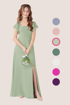 a woman in a long green dress holding a bouquet and standing next to the color swatches