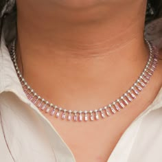 Pink Sapphire dot and dash choker necklace gold | Natural 4x2MM 18CTW pink sapphire diamond necklace choker | Pink baguette necklace gold GEMSTONE DETAILS : ✦ Gemstone : Pink Sapphire ✦ Gemstone Type : Natural ✦ Gemstone Size : 4x2 MM ✦ Gemstone Shape : Baguette Cut ✦ Number of Gemstones : 80 ✦ Gemstone Weight : 10 Carats ✦ Gemstone Grade : AAA DIAMOND DETAILS : ✦ Diamond Type : Natural ✦ Diamond Size : 2.00 MM ✦ Diamond Color : F-G ✦ Diamond Clarity : Slightly included ✦ Diamond Cut : Excellent - Very Good ✦ Diamond Weight : 2.50 Carats METAL DETAILS : ✦ Metal : 14K/18K Gold ✦ Metal Color : Yellow / White / Rose Gold ✦ Setting : Bar Setting / Bezel Setting ✦ Necklace Box : Yes SHIPPING DETAILS : ✦ Shipped via : UPS ✦ Production time : 10-12 days ✦ Delivery time : 7-8 days ✦ Expedited ship Luxury Pink Bezel Set Necklace, Luxury Pink Gold Pink Sapphire Necklaces, Fine Jewelry Pink Baguette Cut, Fine Jewelry Pink Baguette Diamonds, Pink Baguette Diamond Fine Jewelry, Elegant Pink Jewelry With Baguette Diamonds, Elegant Pink Baguette Diamond Jewelry, Diamond Necklace Choker, Dot And Dash