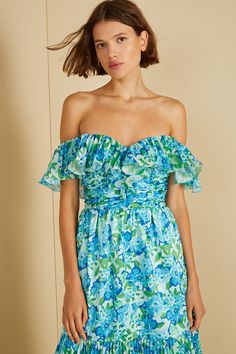 An ideal selection for a summer wedding guest. Crafted from recycled charmeuse and chiffon, the Pia Dress boasts a sunburst pleat neckline and a charming ruffled skirt. DETAILS off shoulder neckline, a-line silhouette, flare fit, midi length, off the shoulder sleeves, non-stretch, partially lined, invisible zip at back, dry clean only, imported COMPOSITION 100% Recycled Polyester SUSTAINABILITY REF: 58111675 Summer Dresses For Wedding Guest With Pleated Bodice, Summer Off-shoulder Dresses With Ruched Bodice, Ruffled Dresses For Vacation Garden Party, Summer Wedding Guest Dress With Ruched Bodice, Summer Dresses With Pleated Bodice For Garden Party, Summer Garden Party Dress With Pleated Bodice, Blue Dress For Garden Party With Gathered Neckline, Off-shoulder Ruffled Dress For Garden Party, Blue Dress With Pleated Bodice For Garden Party