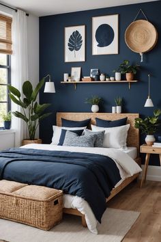 a bedroom with dark blue walls and white bedding, wicker baskets on the nightstands