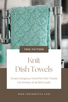 knit dish towels with text overlay that reads free pattern