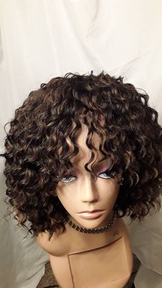 "New Hand-made Deep Twist Crochet Wig unit w/ BANGS, w/Lace Part. Color #4/27. Unit is made on \"My Very Popular\" Stretchy Breathable Wig Cap. Comes in different colors, #1 jet black, #1b off black, #2 dark brown, #4 brown, #30 auburn, #27 blonde, #33 wine, #1b/burgundy mixed, and other mixed colors per buyer request (please send message for different color or length). Please allow 3-5 business days to ship." Brown And Black Deep Wave Wig, Crochet V Part Wig, Brown Curly Bob Wig, Curly Hair Crochet Doll, Ombre Brown Curly Lace Front Human Hair Wigs, Crochet Wig, Wig Cap, Off Black, Jet Black