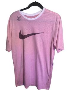 Nike Dri Fit All Over Print T-Shirt New Size Large Tall Pink/White Nike Summer Workout T-shirt, Nike Crew Neck Moisture-wicking Shirt, Nike Crew Neck Shirt With Moisture-wicking, Nike Moisture-wicking Crew Neck Tops, Nike Moisture-wicking Crew Neck Shirt, White Moisture-wicking T-shirt For Spring, Sporty Short Sleeve Pink Shirt, Nike Crew Neck Go-dry Top, Nike Casual Tops With Go-dry Technology