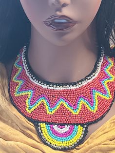 Beaded Tribal Bib Necklace, Statement Necklace, Coral Collar Necklace, Chunky Tribal Necklace, Tribal Necklace. 12 Inch with 12 inch chain Beaded Choker Necklaces For Festivals, Bohemian Beaded Round Choker, Multicolor Choker Necklace With Black Beads, Traditional Beaded Chain Bib Necklace For Festival, Adjustable Beaded Necklaces With Round Beads, Artisan Multicolor Necklaces For Party, Festival Large Beaded Round Necklaces, Colorful Beads Round Necklace For Festivals, Adjustable Colorful Beads Bib Necklace For Festivals