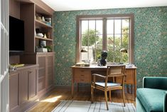 Home office custom cabinetry with Sherwin Williams Mulberry Silk finish, William Morris wallpaper, and vintage desk. Early 1900s Home, Jkath Design, Tv Corner, White Baseboards, 1900s Home, Painted Vanity Bathroom, William Morris Wallpaper, Painted Bathroom, Painted Vanity