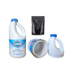 two gallon jugs of cleaning products next to a bag of cleanery liquid and a cloth