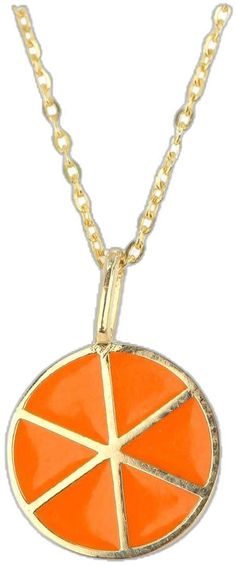 Handmade Yellow Gold Enamel Necklaces, Handmade Yellow Gold Enamel Necklace, Round Enamel Necklace With Adjustable Chain, Yellow Gold Necklaces With Polished Enamel Finish, Gold Enamel Round Pendant Necklace, Enamel Round Pendant Necklace With Polished Finish, Fruit Necklace, Orange Necklace, Enamel Necklaces