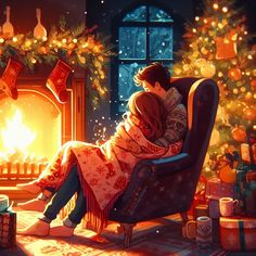 a man and woman are sitting in front of a christmas tree with presents around them