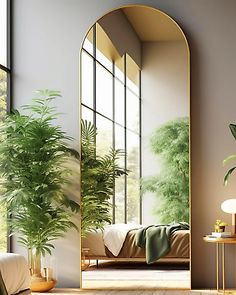 an arch shaped mirror in the corner of a room with a bed and potted plant