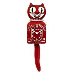 This is an official, brand-new full-sized Kit-Cat Clock - the iconic time piece with moving eyes and wagging tail that's brought a smile to generations of customers. This is the Limited-Edition Space Cherry Red Lady Kit-Cat Clock released in the summer of 2022. Space Cherry is a bold red, sure to bring energy to any room. Deep reds are known by design experts and psychologists to stimulate energy, conversation and liveliness in decor! Assembled, it's 15.5" tall (from tip of ears to tip of tail). Funky Eclectic Decor, Red And Pink Alarm Clock, Lucky Cat Clock, Kitty Cat Clock, Retro Cat Clock, Kit Cat Clock, Moving Eyes, Unusual Clocks, Cat Clock