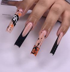 Halloween Long Acrylic Nails, Cute Halloween Acrylic Nails, Long Halloween Acrylic Nails, Halloween Baddie Nails, Long Halloween Nails, Purple Halloween Nails, Pink Halloween Nails, Halloween Nails Ideas, Black Halloween Nails