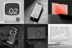 several different types of electronic devices are shown in black and white images with orange accents