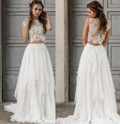 two piece wedding dress with open back and lace top