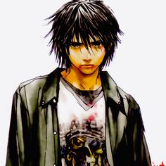 an anime character with black hair and a skull on his shirt