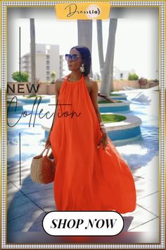 Solid Sleeveless Halter Backless Loose Maxi Dresses Orange Sleeveless Summer Dress For Beach, Orange Sleeveless Dress For Summer Parties, Orange Sleeveless Dress For Beach Season, Orange Sleeveless Summer Dress For Beach Season, Orange Sleeveless Dress For Beach Vacation, Chic Orange Sleeveless Beach Dress, Orange Sleeveless Dress For Summer Vacation, Summer Sleeveless Lined Maxi Dress, Orange Halter Neck Sleeveless Dress For Vacation