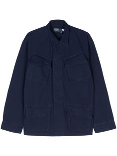 navy blue cotton ripstop texture classic collar long sleeves with buttoned cuffs two chest flap pockets two front flap pockets straight hem concealed front button fastening Navy Button-up Outerwear With Patch Pockets, Utility Cotton Shirt With Multiple Pockets, Cotton Utility Shirt With Multiple Pockets, Navy Button-up Shirt With Pockets, Utility Long Sleeve Shirt With Patch Pockets, Blue Long Sleeve Shirt With Patch Pockets, Cotton Utility Jacket With Spread Collar, Cotton Utility Jacket With Spread Collar And Pockets, Classic Navy Shirt With Pockets