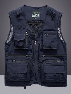 Azul Marino Calle Collar sin mangas Tela tricotada Liso  Embellished No-Elástico Primavera/Otoño,Verano,Invierno,Todo Gilet Cargo, Vest Outfits Men, Cargo Outfit, Cargo Vest, Pocket Vest, Outdoor Vest, Casual Outwear, Gym Essentials, Vest Designs