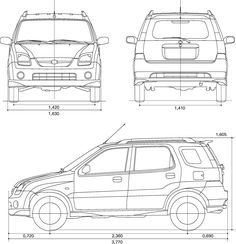 an image of the front and back view of a car, with measurements on it