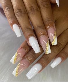 White And Gold Nails, White Nails With Gold, Gold Acrylic Nails, White And Silver Nails, Gold Nail Designs, Formal Nails, Gold Glitter Nails, Gold Nail, White Acrylic Nails