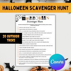 a halloween scavenger hunt with pumpkins and bats