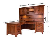 an office desk with two drawers and a hutch on the top, measurements for each drawer