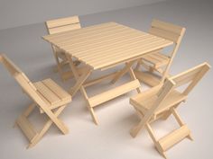 a table and chairs made out of wooden planks on a gray background with no people around it