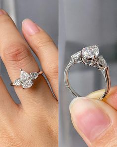 two different views of an engagement ring with three pear shaped diamonds on top and bottom