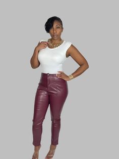 Front button and stitch down legs. Color may vary due to lighting on images. Model is wearing a medium. Burgundy Stretch Pants For Night Out, Fitted Leather Straight Pants For Business Casual, Stretch Burgundy Bottoms For Night Out, Chic Stretch Burgundy Bottoms, Fitted Burgundy Pants For Work, Burgundy Bottoms For Fall Night Out, Casual Fitted Leather Pants For Business Casual, Fitted Casual Leather Pants For Business Casual, Fitted Casual Leather Pants For Business