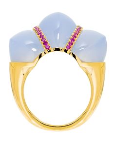 “crown” ring: striking, hand carved Chalcedony crown with Rubies in 18kt yellow gold Luxury Yellow Gold Rings With Crown Design, Blue Chalcedony Ring, Chalcedony Ring, Crown Ring, Gold Crown, Blue Chalcedony, Ruby Ring, High Heel Boots, Yellow Gold Rings