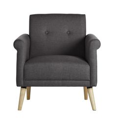 a grey chair with wooden legs and buttons on the armrests, against a white background