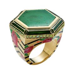 British designer Alice Cicolini created this one-a-kind ring. The stunning cocktail ring is made from 18k yellow gold. The ring is hand painted in London with lacquer enamel, and is set with a Muzo trapiche emerald (13.26ct) and green diamond pave (0.5ct). 28mm x 29mm x 25mm In 2018, Alice collaborated with the famous Colombian Muzo emerald mine to create spectacular pieces, featuring their rare hexagonal stones, and celebrating the launch of a new collection of gems from the mine that focus on Alice Cicolini, Silver Tile, Gold Work, Green Diamond, Lemon Quartz, Domed Ring, Champagne Diamond, Emerald Jewelry