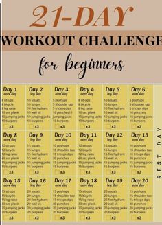 the 21 day workout challenge for beginners is shown in yellow and black, with an orange