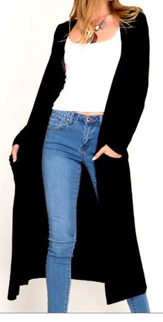 LONG SLEEVE OPEN FRONT LONG SWEATER CARDIGAN WITH POCKETSS:50%VISCOSE 25%POLYESTER 25%NYLON KNIT CARDIGAN BLACK  Click Here To Visit Our Store https://www.ebay.com/str/allmyfavorites Trendy Black Stretch Cardigan, Trendy Black Sweater Coat With Pockets, Trendy Black Sweater With Pockets, Black Sweater Coat With Pockets For Spring, Fitted Black Sweater With Pockets, Trendy Black Cardigan With Pockets, Fuzzy Cardigan Outfit, Long Cardigan Outfit, Long Sweater Cardigan