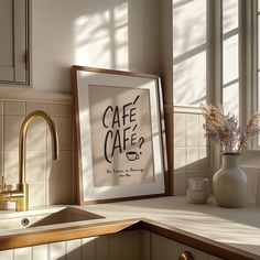 a kitchen counter with a framed poster on the wall above it that says cafe cafe?