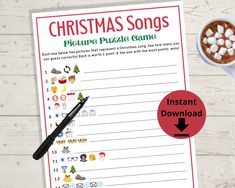 a christmas song printable with candy and marshmallows next to a cup of coffee