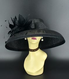 "✿*.Key Features.*✿ This is a Audrey Hepburn Style Hat with double feather flowers. 19.75\"(50cm) extra wide brim, the widest stiff brim hat in my store! There are two options for the flower on or off hat, you can choose if let me glue the flower on the hat or not. You can wear the hat without the flowers, it's a finished hat too. Or stick the flowers on the hat once you want. It's very beautiful. Great for Kentucky derby, weddings, church, Easter, Royal Ascot, horse races, cocktails, tea party, Ladies Hats Classy, Fancy Hats Classy, Madam Pompadour, Vampire Couture, Goth Hats, Audrey Hepburn Hat, Handbag Cakes, Big Hats, Special Occasion Hats