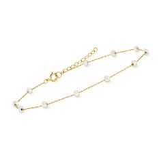 Ross-Simons - 3-3.5mm Cultured Pearl Station Anklet in 14kt Yellow Gold. 9". RS Pure. Modern designs that complete your outfit and complement your personality. Delicate and dainty, our 3-3.5mm cultured freshwater pearl station anklet is a sweet and simple style. Crafted in 14kt yellow gold on a rope chain with a 1" extender. Springring clasp, white pearl station anklet. Pearl birthstones are the perfect gift for June birthdays. Pearl Birthstone, Pearl Anklet, June Birthday, Fine Jewelery, Rope Chain, White Pearl, Cultured Pearls, Pearl White, Simple Style