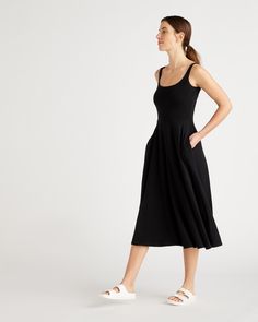 Fit and flare is endlessly flattering. Our sleeveless, scoop neck dress is no exception. Made from Tencel that's soft and light, it's designed to move with you, wherever the day takes you. This is a comfy approach to your LBD, and the side-seam pockets make it equally practical and versatile. Plus, when anyone compliments you, you get to say, "Thanks, it's got pockets!"Also offered in sizes 1X - 3X.  | Quince | Women's Fit & Flare Knit Dress in Black, Size XS, Tencel Elegant Seamless Dress For Daywear, Solid Seamless Midi Dress For Summer, Solid Color Fitted Dress For Everyday Wear, Casual Seamless Spring Dresses, Elegant Stretch Sleeveless Dress With Scoop Neck, Chic Sleeveless Scoop Neck Stretch Dress, Fitted Sleeveless Dress For Everyday, Black Scoop Neck Midi Dress For Spring, Chic Stretch Sleeveless Dress With Scoop Neck