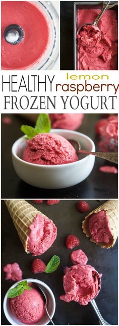 collage of healthy raspberry frozen yogurt