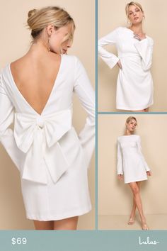 Make your debut in style with the Lulus Elegant Cutie Ivory Bow Long Sleeve Backless Mini Dress! This ultra-chic dress has a slightly stretchy woven composition that shapes an elegant boat neckline and a princess-seamed bodice, all framed by long, bell-style sleeves. High, fitted waist sits atop a figure-skimming bodycon skirt that ends at a mini hem. Turn around to reveal an open back design that finishes with an oversized bow detail. Hidden side zipper/clasp. Fit: This garment fits true to size. Length: Mid-thigh. Size medium Bust: Great for any cup size. Waist: Fitted - very fitted at natural waist. Hip: Loosely Fitted. Undergarments: May be worn with an adhesive bra, petals, or no bra. Fabric: Fabric has some stretch. Bodice and skirt are lined. Shell: 97% Polyester, 3% Spandex. Lining Mini Dress Backless, Mini Dress With Bow, Dress Backless, Lulu Fashion, Adhesive Bra, Bodycon Skirt, Backless Mini Dress, Body Con Skirt, Boat Neckline