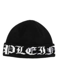 black wool knitted construction gothic print turn-up brim Gothic Black Hat For Fall, Black Beanie With Short Brim For Winter, Black Knitted Hat For Streetwear, Black Brimmed Knitted Beanie, Black Brimmed Beanie For Winter, Gothic Brimmed Winter Hats, Black Knitted Brimmed Beanie, Gothic Winter Hat With Short Brim, Black Wool Beanie Cap