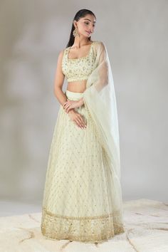 Off white lehenga with cutdana, sequins embroidered jaali pattern and floral jaal border. Comes with coordinating floral jaal embroidered blouse and border work dupatta. - Aza Fashions Festive Off White Choli With Resham Embroidery, Festive Off-white Choli With Resham Embroidery, White Chinon Choli For Designer Wear, Designer Wear White Choli In Chinon, Designer White Chinon Choli, Diwali Off White Choli With Resham Embroidery, Festive Off White Choli With Sheer Dupatta, Off White Resham Embroidered Choli For Festive Occasions, Designer Zari Work Choli In Off White