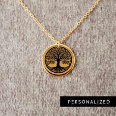 "Tree Of Life Necklace Personalized, Family Tree Pendant, Custom Family Name Jewelry, Maiden Name Engraved, Keepsake Gift ❤️ If you're looking for a special gift that will remind your loved one of happy memories, look no further than our personalized gold necklace with engraved text! This beautiful piece is perfect for any occasion and can be customized to feature a name or date of your choice. Whether you're celebrating an anniversary or birthday, or just want to show your loved one how much you care, this necklace is sure to make a lasting impression. Plus, it's handmade from high-quality materials, so it will last long and look great while doing it! So don't wait any longer, order your personalized gold necklace today!❤️  WHY THIS NECKLACE IS A GREAT CHOICE FOR YOU: * No stain, no tarni Engraved Spiritual Necklace For Anniversary Gift, Personalized Spiritual Necklaces As Gifts, Symbolic Customizable Necklace For Gift, Black Laser Engraved Necklace As Gift, Black Laser Engraved Necklaces For Gifts, Black Laser Engraved Necklace For Gifts, Laser Engraved Black Necklaces For Gifts, Gold Spiritual Jewelry Laser Engraved, Spiritual Gold Jewelry Laser Engraved