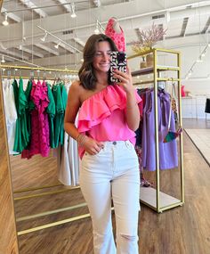 Ruffled sleeve flounce one shoulder top -unlined -fabric content - 70% polyester 30% cotton One Shoulder Top, One Shoulder Tops, Pink Top, Pink Tops, Shoulder Top, Shirts Tops, One Shoulder, Fabric, Pink