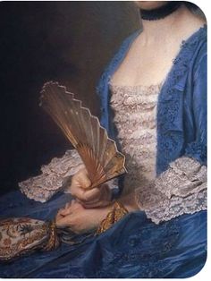 a painting of a woman holding a fan in her right hand and wearing a blue dress