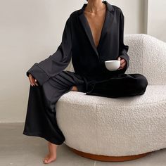 Sleep in luxurious comfort with Hiloc Oversized Satin Silk Sleepwear, boasting a flattering low-cut design and single-breasted long sleeves. Delicate yet sensuous satin silk fabric gently caresses your skin for a blissful night's sleep. Feel chic and beautiful as you lounge in its breathtakingly stylish wide-leg pants. A perfect companion for a blissful night's rest. Pijamas Women, Chique Outfit, Pyjama Satin, Pajamas For Women, Silk Sleepwear, Long Sleeve Tops Casual, Modieuze Outfits, Summer Blue, Silk Pajamas