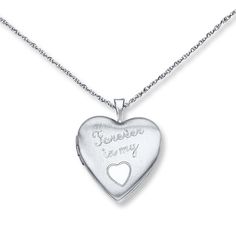 This delightful heart-shaped locket necklace for her is decorated with the sentiment "Forever in my Heart." The sterling silver pendant sways from an 18-inch cable chain that fastens with a spring ring clasp. Mother's Day Heart Locket Necklace With Hallmark, Mother's Day White Gold Locket Necklace, Engraved Open Heart Locket Necklace For Mother's Day, Mother's Day Engraved Open Heart Locket Necklace, Forever In My Heart, Jewelry Advice, Heart Locket Necklace, Necklace For Her, Kay Jewelers