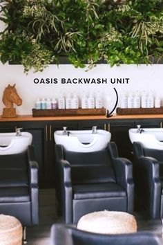 there are many chairs in front of the counter with hair care products on it and one is labeled oasis backwash unit