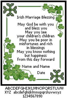 a cross stitch pattern with the words irish marriage blessing and shamrocks in green on white